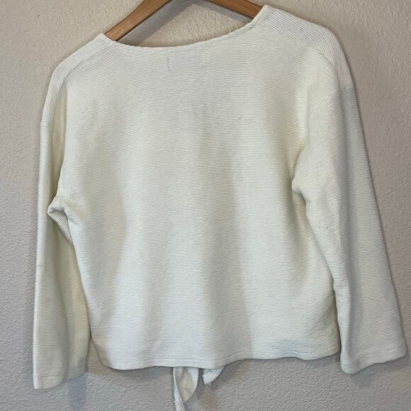 Texture & Thread Madewell Cream Ribbed V Neck Long Sleeve Tie Front Cotton Top M - Picture 4 of 10